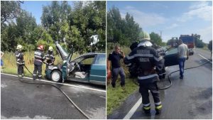 Autoturism în flăcări pe DN 69. Pompierii voluntari din Șagu au stins incendiul