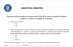 Ministerul Sănătății a validat chestionarul de exprimare a intenției de vaccinare. Va fi distribuit de Ministerul Educației prin inspectorate